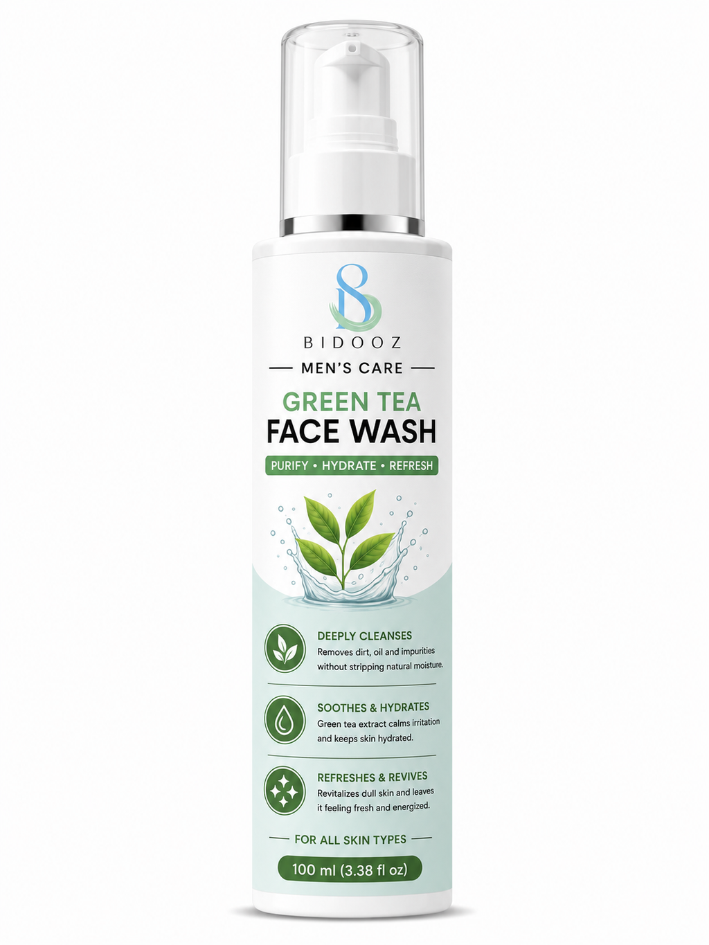 BIDOOZ Men’s Care Green Tea Face Wash for Men, Deep Cleansing Facial Cleanser, Helps Remove Dirt, Excess Oil & Impurities, Refreshing Hydrating Face Wash for All Skin Types, 100ml