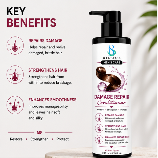 BIDOOZ Men’s Care Damage Repair Conditioner for Men, Nourishing & Strengthening Shampoo, Helps Improve Hair Smoothness, Manageability and Healthy-Looking Shine, 200ml