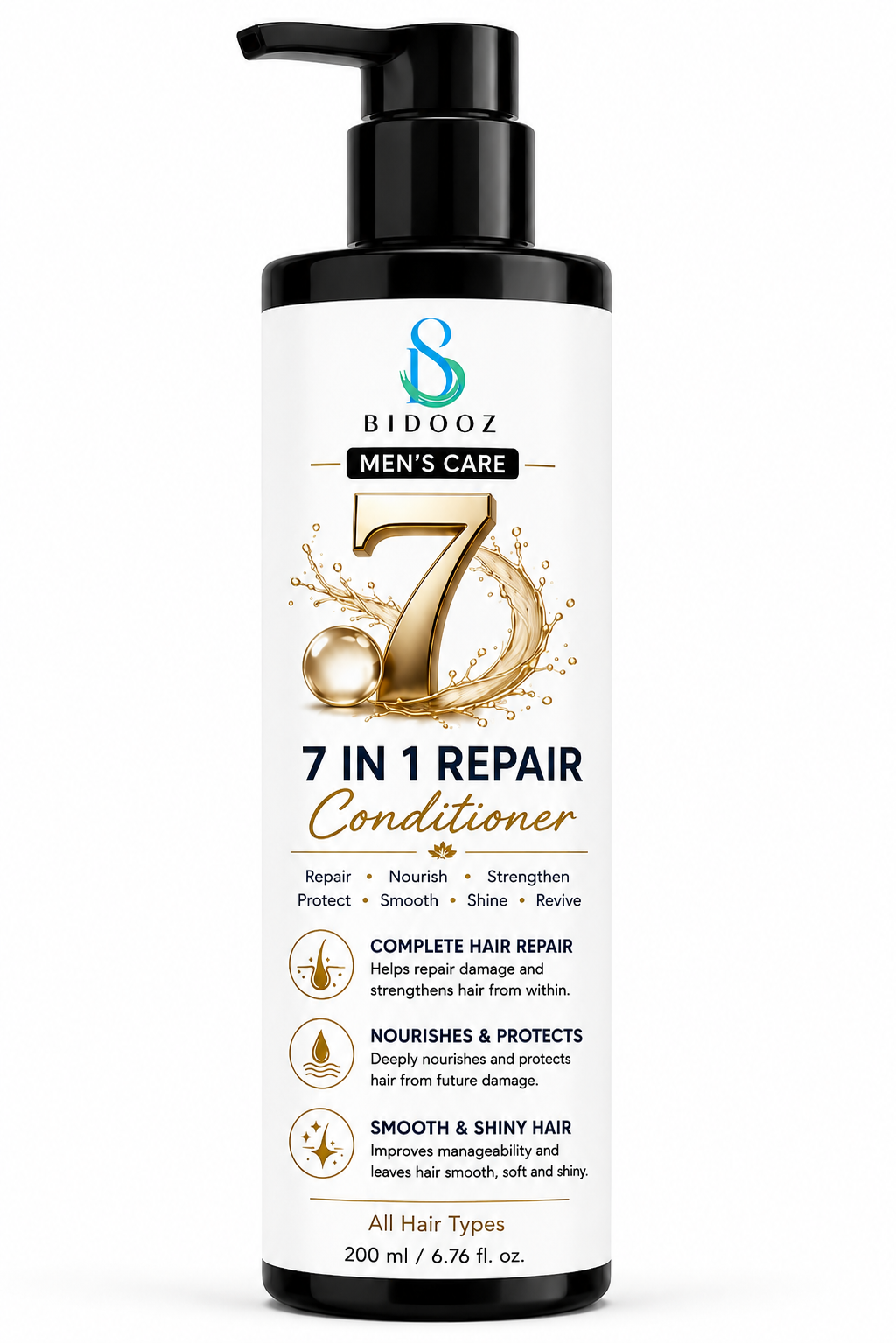 BIDOOZ Men’s Care 7 in 1 Repair Shampoo for Men, Nourishing & Strengthening Shampoo, Helps Improve Hair Smoothness, Shine and Manageability, All Hair Types, 200ml