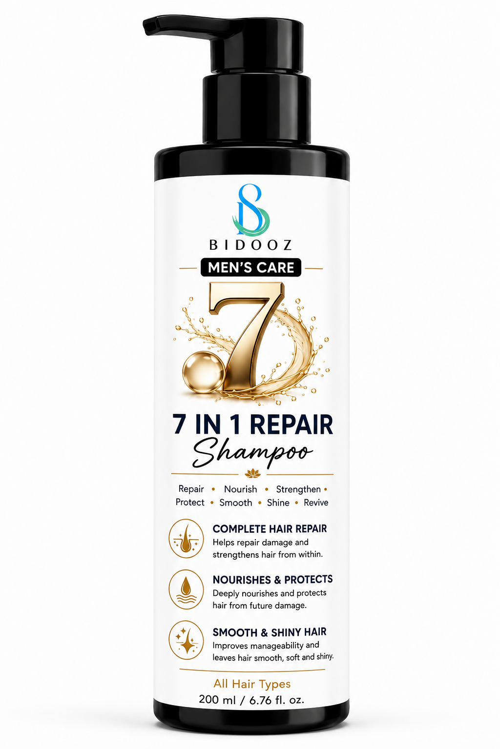 BIDOOZ Men’s Care 7 in 1 Repair Shampoo for Damaged Hair, Nourishing & Strengthening Formula, Smooth & Shiny Look, Hair Protection & Revitalizing Care, All Hair Types, 200ml