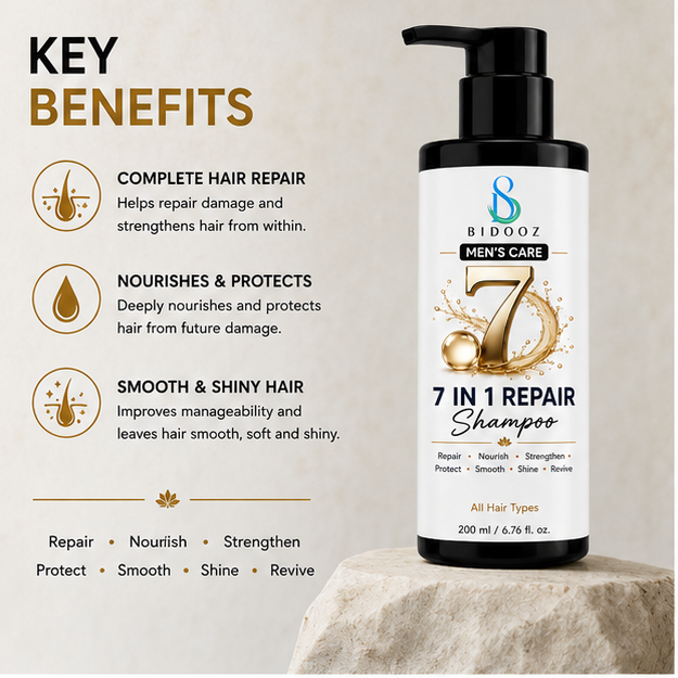 BIDOOZ Men’s Care 7 in 1 Repair Shampoo for Damaged Hair, Nourishing & Strengthening Formula, Smooth & Shiny Look, Hair Protection & Revitalizing Care, All Hair Types, 200ml