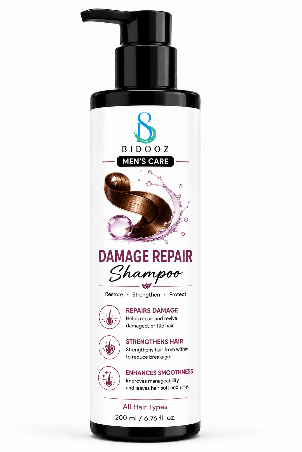 BIDOOZ Men’s Care Damage Repair Shampoo for Damaged Hair, Strengthening & Restoring Formula, Smooth and Manageable Hair Care, Daily Cleansing Shampoo, All Hair Types, 200ml
