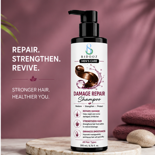 BIDOOZ Men’s Care Damage Repair Shampoo for Damaged Hair, Strengthening & Restoring Formula, Smooth and Manageable Hair Care, Daily Cleansing Shampoo, All Hair Types, 200ml