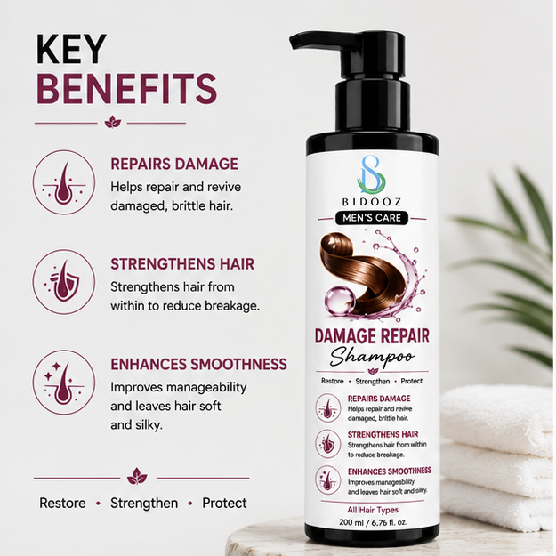 BIDOOZ Men’s Care Damage Repair Shampoo for Damaged Hair, Strengthening & Restoring Formula, Smooth and Manageable Hair Care, Daily Cleansing Shampoo, All Hair Types, 200ml