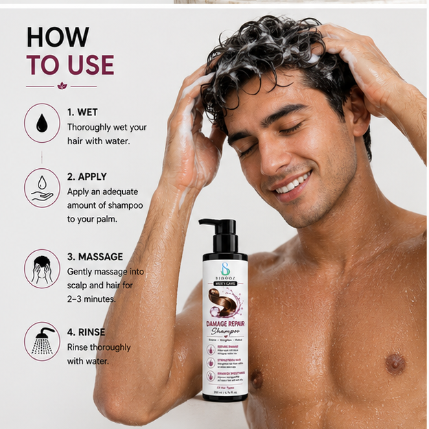 BIDOOZ Men’s Care Damage Repair Shampoo for Damaged Hair, Strengthening & Restoring Formula, Smooth and Manageable Hair Care, Daily Cleansing Shampoo, All Hair Types, 200ml