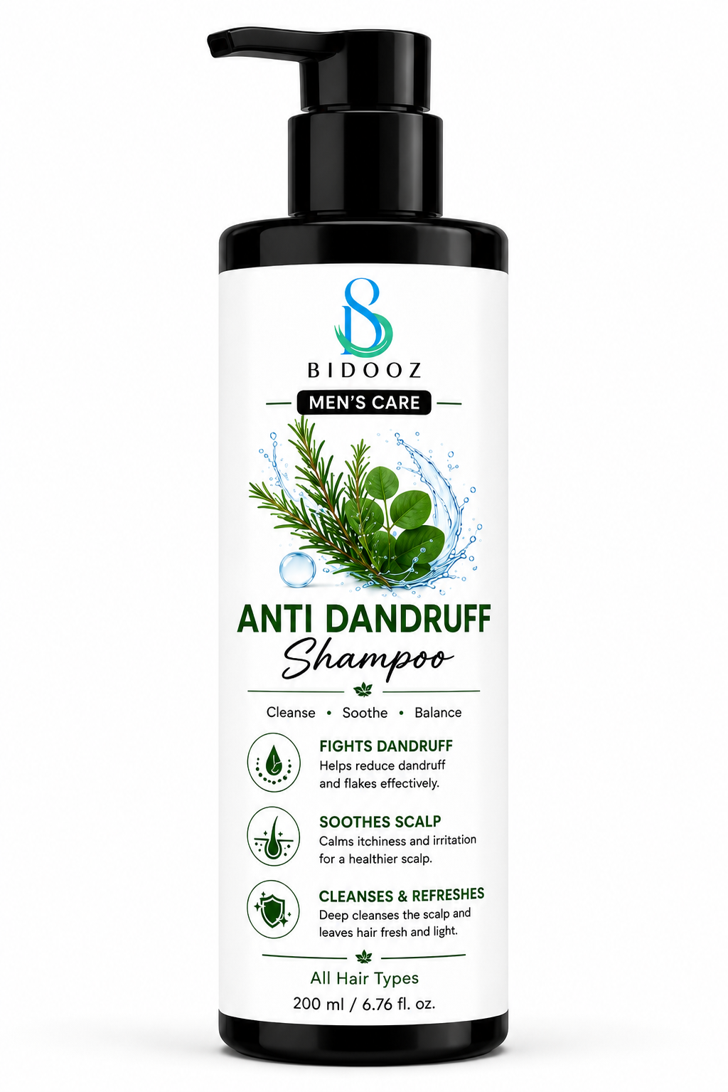 BIDOOZ Men’s Care Anti Dandruff Shampoo for Scalp Care, Cleansing & Refreshing Formula, Helps Reduce Visible Flakes, Soothes Scalp, Daily Hair Care for All Hair Types, 200ml
