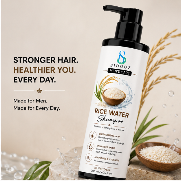BIDOOZ Men’s Care Rice Water Shampoo for Hair Nourishment, Strengthening & Hydrating Formula, Smooth and Shiny Looking Hair, Daily Hair Care for All Hair Types, 200ml