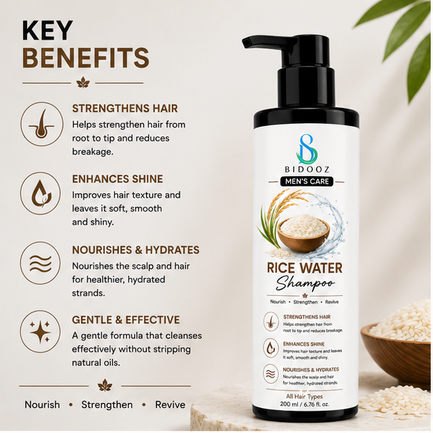 BIDOOZ Men’s Care Rice Water Shampoo for Hair Nourishment, Strengthening & Hydrating Formula, Smooth and Shiny Looking Hair, Daily Hair Care for All Hair Types, 200ml