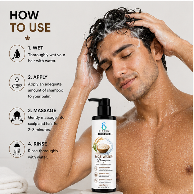BIDOOZ Men’s Care Rice Water Shampoo for Hair Nourishment, Strengthening & Hydrating Formula, Smooth and Shiny Looking Hair, Daily Hair Care for All Hair Types, 200ml