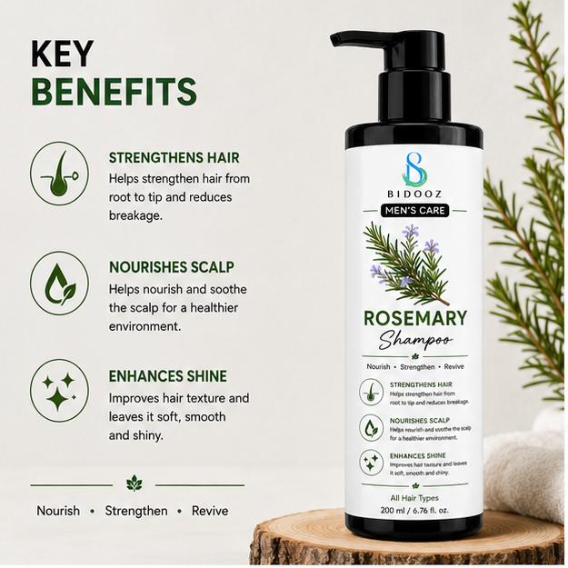 BIDOOZ Men’s Care Rosemary Shampoo for Hair & Scalp Care, Nourishing and Strengthening Formula, Smooth and Shiny Looking Hair, Daily Use for All Hair Types, 200ml