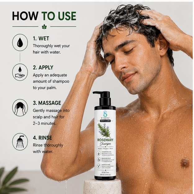 BIDOOZ Men’s Care Rosemary Shampoo for Hair & Scalp Care, Nourishing and Strengthening Formula, Smooth and Shiny Looking Hair, Daily Use for All Hair Types, 200ml