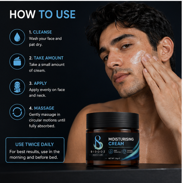 BIDOOZ Men’s Care Moisturising Face Cream for Men, Deep Hydration Daily Moisturizer, Lightweight Non-Greasy Face Cream for Soft, Smooth & Healthy-Looking Skin, 50g