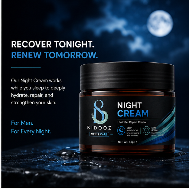 BIDOOZ Men’s Care Night Cream for Men, Overnight Moisturising Face Cream, Deep Hydration Formula for Soft, Smooth & Healthy-Looking Skin, Daily Night Care Cream, 50g