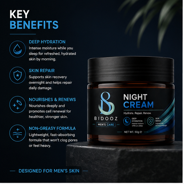 BIDOOZ Men’s Care Night Cream for Men, Overnight Moisturising Face Cream, Deep Hydration Formula for Soft, Smooth & Healthy-Looking Skin, Daily Night Care Cream, 50g