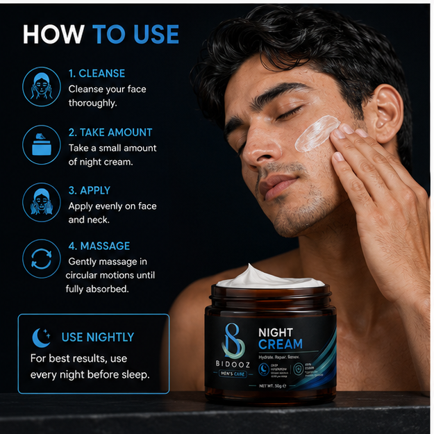BIDOOZ Men’s Care Night Cream for Men, Overnight Moisturising Face Cream, Deep Hydration Formula for Soft, Smooth & Healthy-Looking Skin, Daily Night Care Cream, 50g
