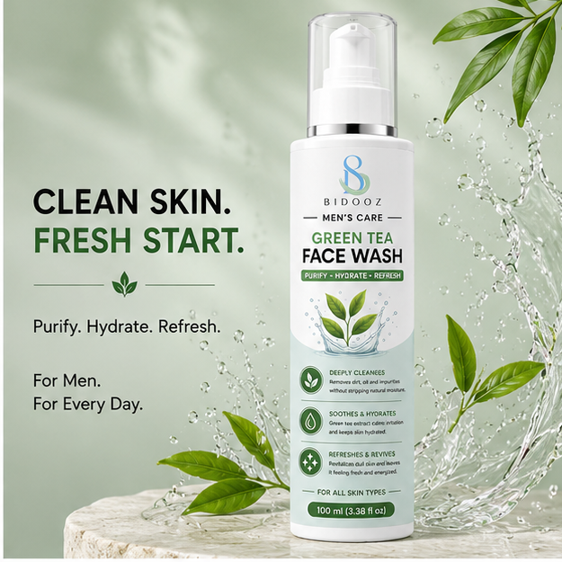 BIDOOZ Men’s Care Green Tea Face Wash for Men, Deep Cleansing Facial Cleanser, Helps Remove Dirt, Excess Oil & Impurities, Refreshing Hydrating Face Wash for All Skin Types, 100ml