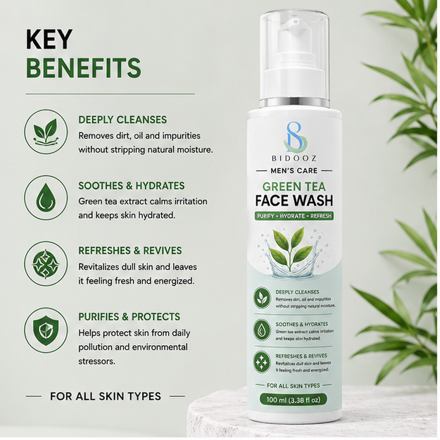 BIDOOZ Men’s Care Green Tea Face Wash for Men, Deep Cleansing Facial Cleanser, Helps Remove Dirt, Excess Oil & Impurities, Refreshing Hydrating Face Wash for All Skin Types, 100ml