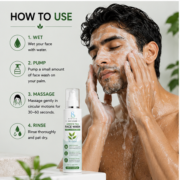 BIDOOZ Men’s Care Green Tea Face Wash for Men, Deep Cleansing Facial Cleanser, Helps Remove Dirt, Excess Oil & Impurities, Refreshing Hydrating Face Wash for All Skin Types, 100ml