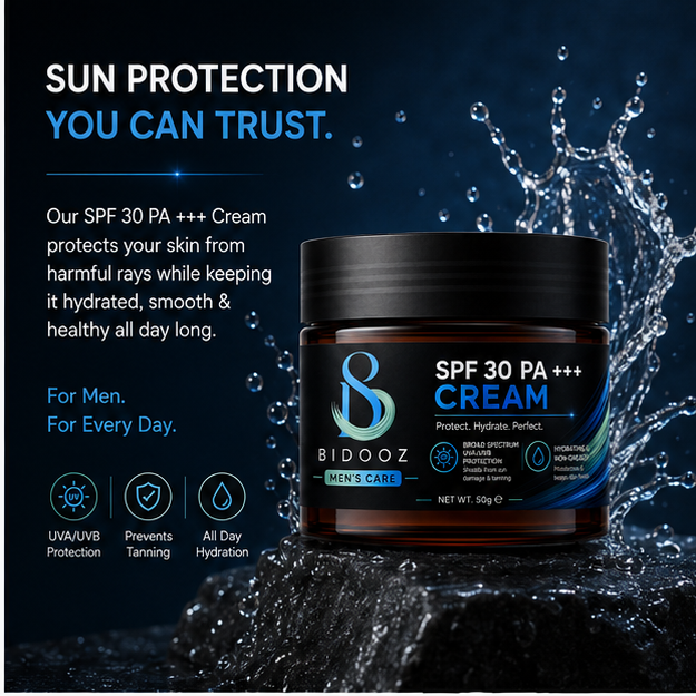 BIDOOZ Men’s Care SPF 30 PA+++ Face Cream for Men, Broad Spectrum UVA/UVB Protection, Lightweight Hydrating Daily Moisturizer, Non-Greasy Sunscreen Cream, 50g