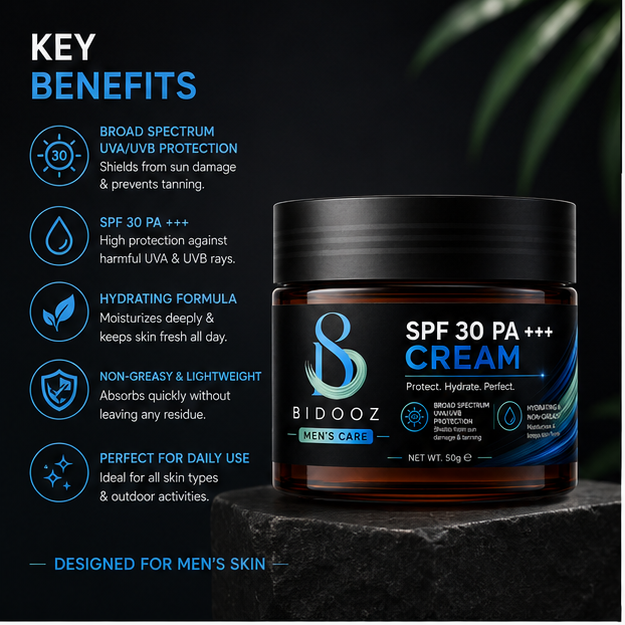 BIDOOZ Men’s Care SPF 30 PA+++ Face Cream for Men, Broad Spectrum UVA/UVB Protection, Lightweight Hydrating Daily Moisturizer, Non-Greasy Sunscreen Cream, 50g