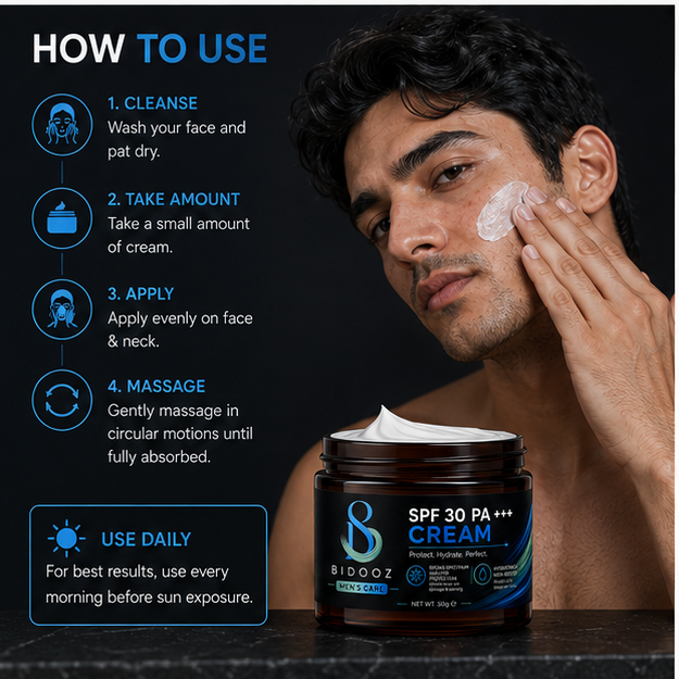 BIDOOZ Men’s Care SPF 30 PA+++ Face Cream for Men, Broad Spectrum UVA/UVB Protection, Lightweight Hydrating Daily Moisturizer, Non-Greasy Sunscreen Cream, 50g