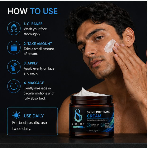 BIDOOZ Men’s Care Skin Brightening Face Cream for Men, Daily Moisturising Cream, Helps Improve Uneven Skin Tone Appearance & Enhance Skin Radiance, 50g