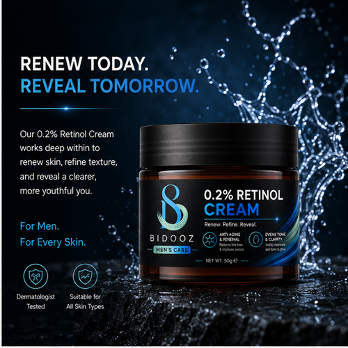 BIDOOZ Men’s Care 0.2% Retinol Face Cream for Men, Overnight Moisturising Cream, Helps Improve Skin Texture, Skin Radiance & Smooth-Looking Complexion, 50g