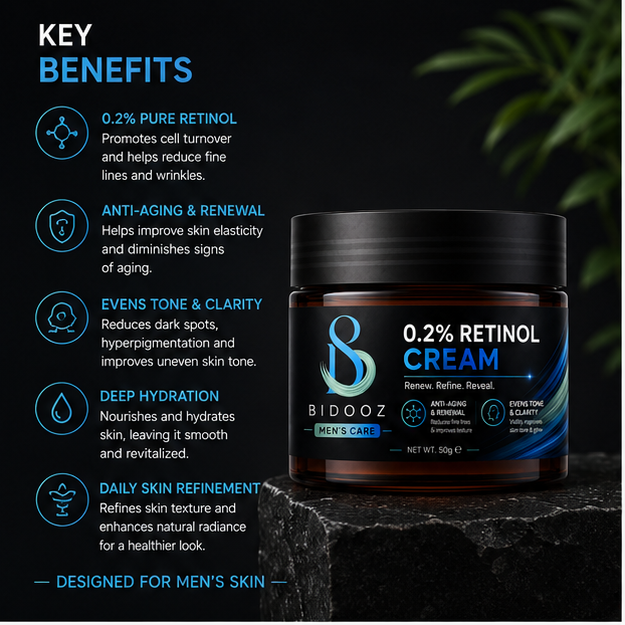 BIDOOZ Men’s Care 0.2% Retinol Face Cream for Men, Overnight Moisturising Cream, Helps Improve Skin Texture, Skin Radiance & Smooth-Looking Complexion, 50g