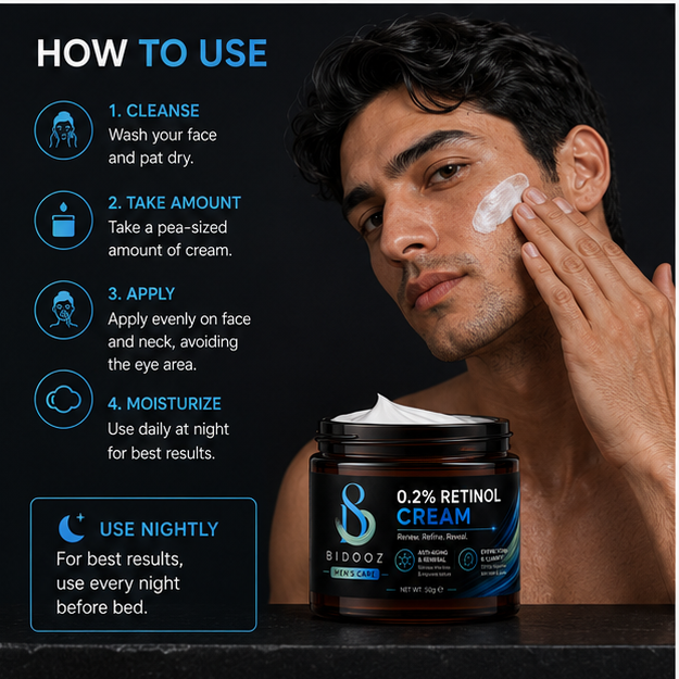 BIDOOZ Men’s Care 0.2% Retinol Face Cream for Men, Overnight Moisturising Cream, Helps Improve Skin Texture, Skin Radiance & Smooth-Looking Complexion, 50g