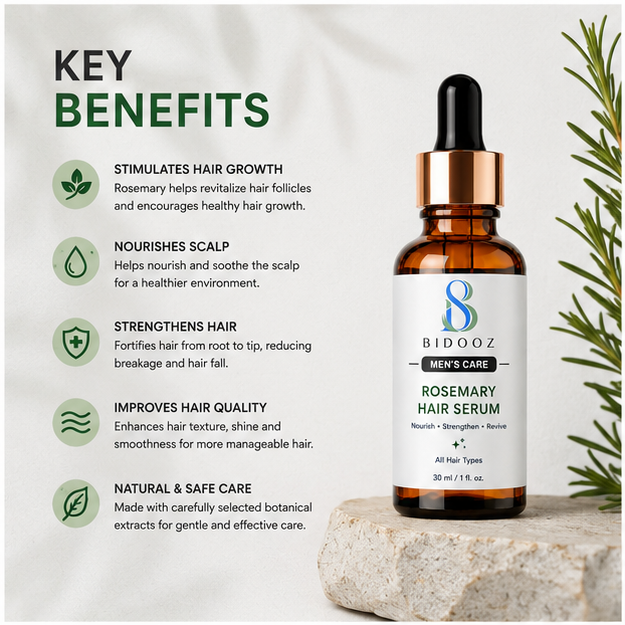 BIDOOZ Men’s Care Rosemary Hair Serum for Men, Lightweight Scalp & Hair Nourishing Serum, Helps Improve Hair Strength, Smoothness & Healthy Looking Hair, 30ml