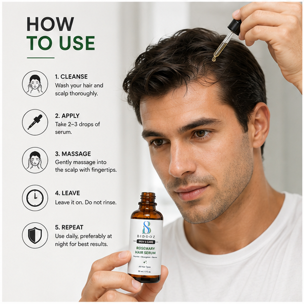 BIDOOZ Men’s Care Rosemary Hair Serum for Men, Lightweight Scalp & Hair Nourishing Serum, Helps Improve Hair Strength, Smoothness & Healthy Looking Hair, 30ml