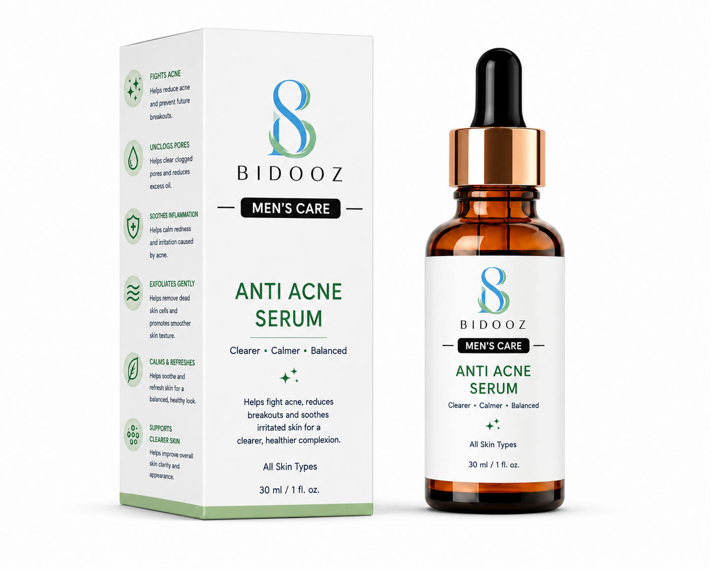 BIDOOZ Men’s Care Anti Acne Face Serum for Men, Lightweight Facial Serum for Clearer Looking Skin, Helps Improve Skin Clarity, Refine Texture & Balance Appearance, 30ml