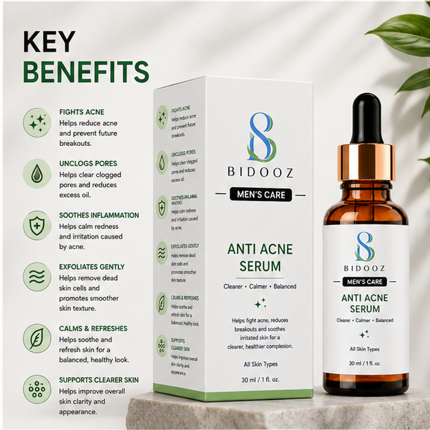 BIDOOZ Men’s Care Anti Acne Face Serum for Men, Lightweight Facial Serum for Clearer Looking Skin, Helps Improve Skin Clarity, Refine Texture & Balance Appearance, 30ml
