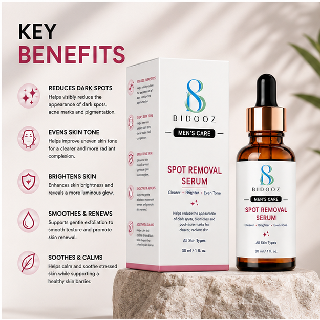 BIDOOZ Men’s Care Spot Removal Face Serum for Men, Brightening Facial Serum, Helps Improve Uneven Skin Tone, Skin Clarity & Radiant Looking Complexion, 30ml
