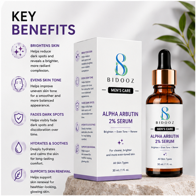 BIDOOZ Men’s Care Alpha Arbutin 2% Face Serum for Men, Brightening Facial Serum, Helps Improve Uneven Skin Tone & Skin Radiance, Lightweight Daily Skincare Serum, 30ml