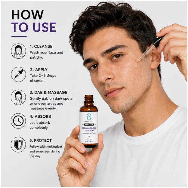 BIDOOZ Men’s Care Alpha Arbutin 2% Face Serum for Men, Brightening Facial Serum, Helps Improve Uneven Skin Tone & Skin Radiance, Lightweight Daily Skincare Serum, 30ml