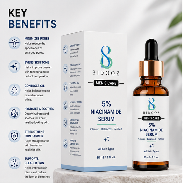 BIDOOZ Men’s Care 5% Niacinamide Face Serum for Men, Lightweight Facial Serum, Helps Improve Skin Clarity, Refine Pore Appearance & Balance Excess Oil, 30ml