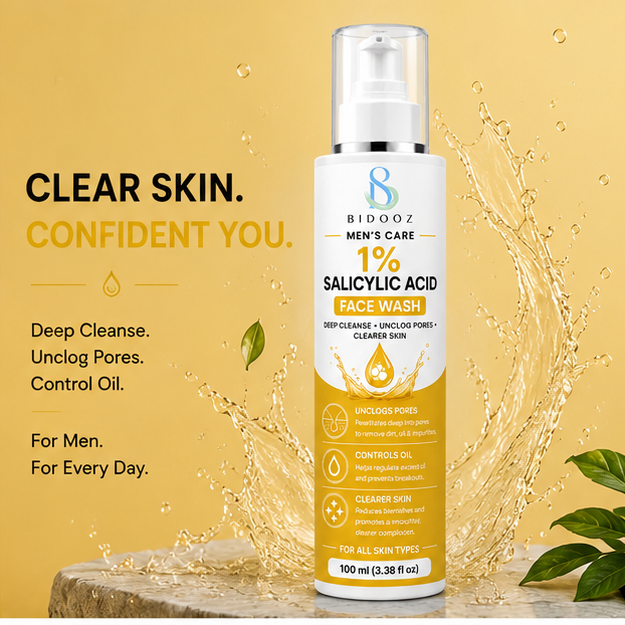 BIDOOZ Men’s Care 1% Salicylic Acid Face Wash for Men, Deep Cleansing Facial Cleanser, Helps Remove Excess Oil, Refine Pore Appearance & Improve Skin Clarity, 100ml