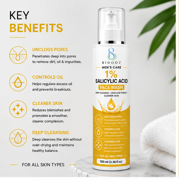 BIDOOZ Men’s Care 1% Salicylic Acid Face Wash for Men, Deep Cleansing Facial Cleanser, Helps Remove Excess Oil, Refine Pore Appearance & Improve Skin Clarity, 100ml