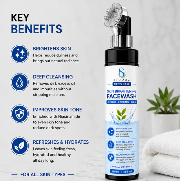 BIDOOZ Skin Brightening Face Wash for Men with Soft Silicone Brush | 150ml