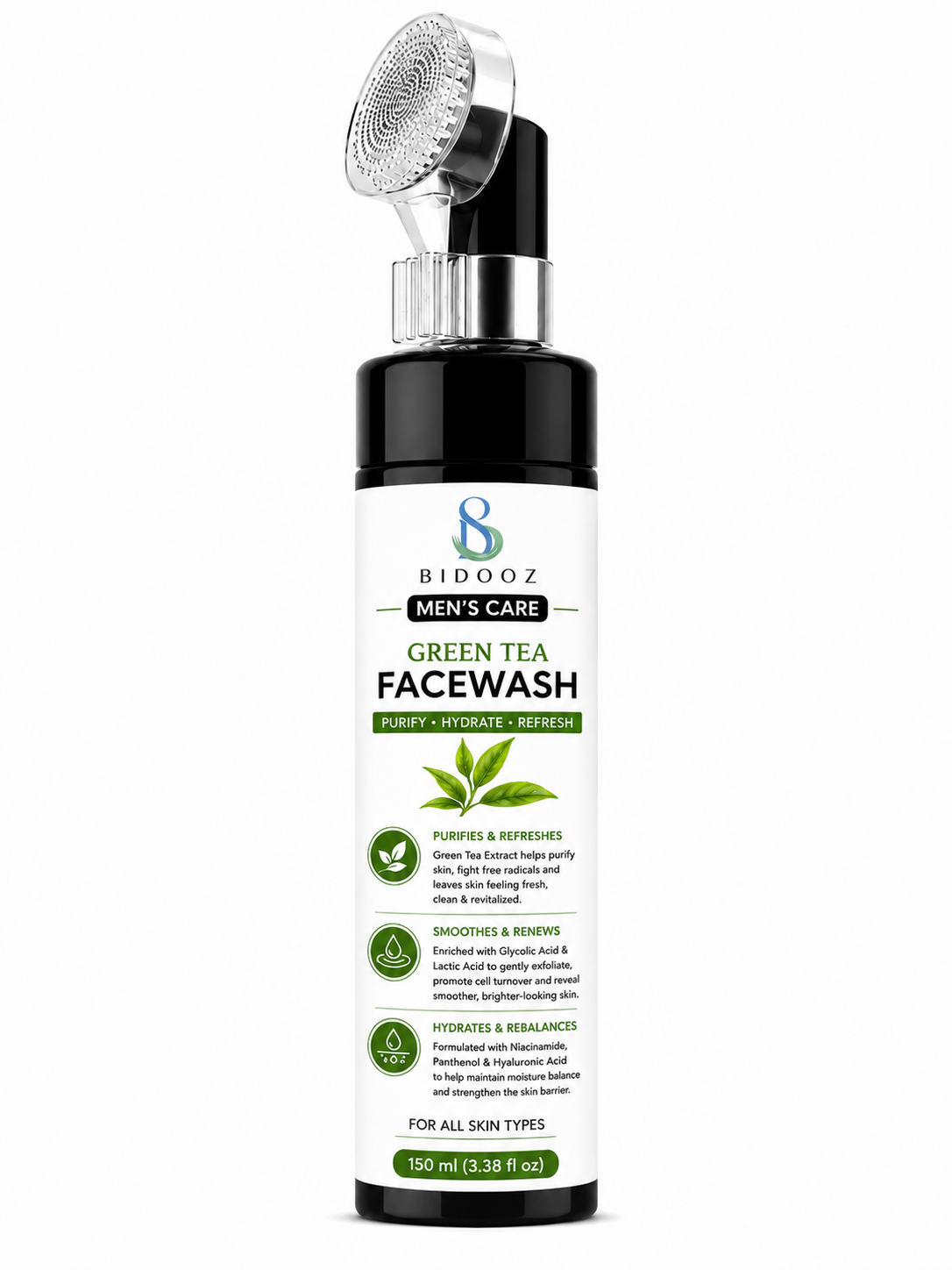BIDOOZ Men’s Care Green Tea Face Wash for Men, Deep Cleansing Facial Cleanser, Helps Remove Dirt, Excess Oil & Impurities, Refreshing Hydrating Face Wash for All Skin Types, 150ml