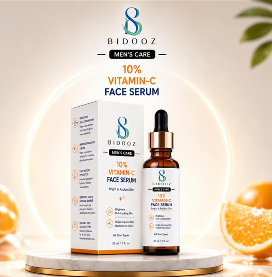 BIDOOZ 10% Vitamin C Face Serum for Bright & Radiant Looking Skin, Lightweight Daily Facial Serum for Men, Helps Improve Glow & Dull-Looking Skin, 30ml