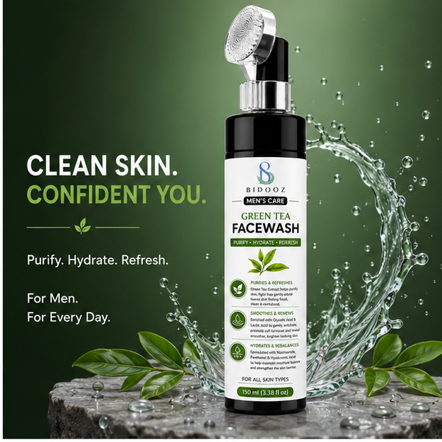 BIDOOZ Men’s Care Green Tea Face Wash for Men, Deep Cleansing Facial Cleanser, Helps Remove Dirt, Excess Oil & Impurities, Refreshing Hydrating Face Wash for All Skin Types, 150ml