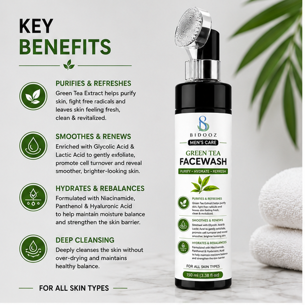 BIDOOZ Men’s Care Green Tea Face Wash for Men, Deep Cleansing Facial Cleanser, Helps Remove Dirt, Excess Oil & Impurities, Refreshing Hydrating Face Wash for All Skin Types, 150ml
