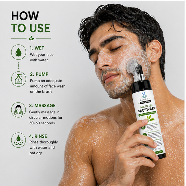 BIDOOZ Men’s Care Green Tea Face Wash for Men, Deep Cleansing Facial Cleanser, Helps Remove Dirt, Excess Oil & Impurities, Refreshing Hydrating Face Wash for All Skin Types, 150ml