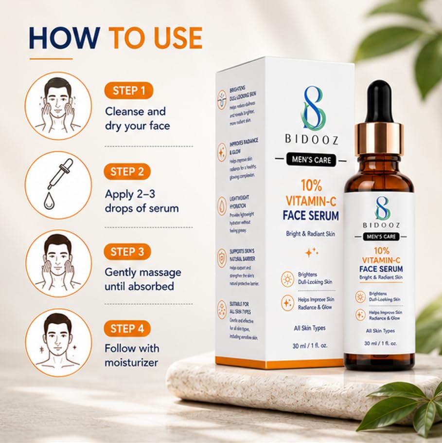 BIDOOZ 10% Vitamin C Face Serum for Bright & Radiant Looking Skin, Lightweight Daily Facial Serum for Men, Helps Improve Glow & Dull-Looking Skin, 30ml