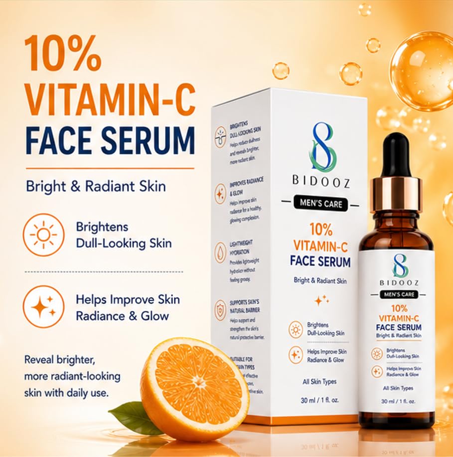 BIDOOZ 10% Vitamin C Face Serum for Bright & Radiant Looking Skin, Lightweight Daily Facial Serum for Men, Helps Improve Glow & Dull-Looking Skin, 30ml