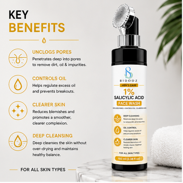 BIDOOZ Men’s Care 1% Salicylic Acid Face Wash for Men, Deep Cleansing Facial Cleanser, Helps Remove Excess Oil, Refine Pore Appearance & Improve Skin Clarity, 150ml