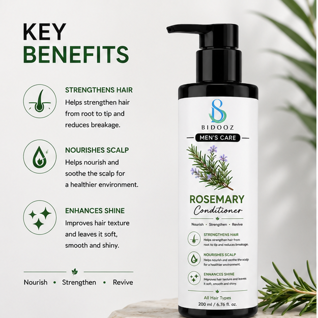 BIDOOZ Men’s Care Rosemary Conditioner for Men, Nourishing Hair Conditioner, Helps Improve Hair Smoothness, Shine & Manageability, Lightweight Daily Hair Care for All Hair Types, 200ml
