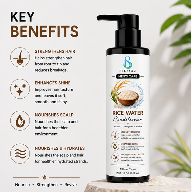 BIDOOZ Men’s Care Rice Water Conditioner for Men, Nourishing & Hydrating Hair Conditioner, Helps Improve Hair Softness, Shine and Manageability, All Hair Types, 200ml